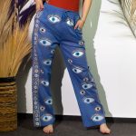 Nomád Sari Nadrág - Kék és Arany Kézi Festésű Evil Eye Design (M/L)