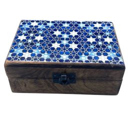   Közepes Színes Bevonatú Fa Doboz - 15x10x6cm -  Kék Csillagok