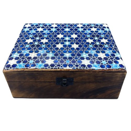 Nagy Színes Bevonatú Fa Doboz - 20x15x7.5cm - Kék Csillagok