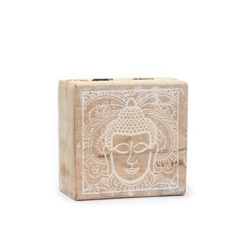 Kicsi Négyzetes Doboz 10x10x4.2cm - Buddha -Fehér Súrolt