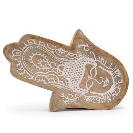   Hosszú Tálca 30x20.5x2.5cm - Hamsa és Buddha -Fehér Súrolt
