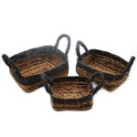 Banánlevél és fekete raffia négyzetes kosarak- 3 darabos szett