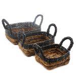 Banánlevél és fekete raffia négyzetes kosarak- 3 darabos szett