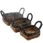 Banánlevél és fekete raffia négyzetes kosarak- 3 darabos szett