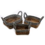 Banánlevél és szürke  raffia négyzetes kosarak- 3 darabos szett