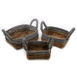   Banánlevél és szürke  raffia négyzetes kosarak- 3 darabos szett
