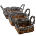 Banánlevél és szürke  raffia négyzetes kosarak- 3 darabos szett
