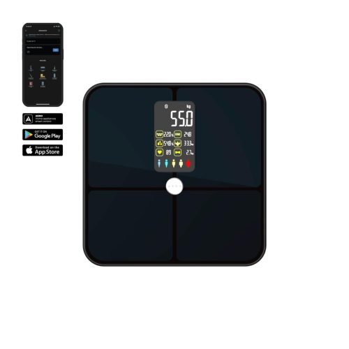 AENO ABS0002S BS2S testmérleg, 180 kg-ig terhelhető, SMART funkciók, profilok, BMI index elemzés, színes kijelző