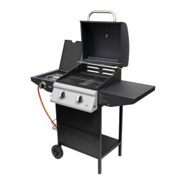   Home GRG02 gázgrill, 2 főégővel, 1 oldalégővel, 3,2 kW égőnkénti teljesítmény, 440x400 mm sütőfelület, nyomásszabályozó készlettel