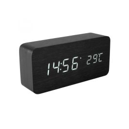   Home OC 04 digitális LED ébresztőóra, valódi faburkolat, tapsra aktiválható fehér kijelző, dátum és hőmérséklet kijelzés, elemes vagy hálózati tápellátás